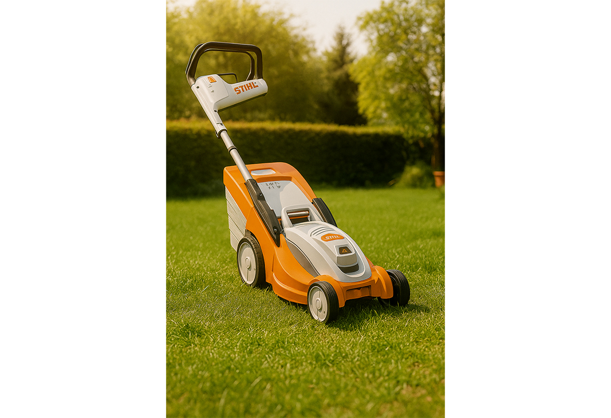 Απεικονίζεται το χλοοκοπτικό σε κήπο.